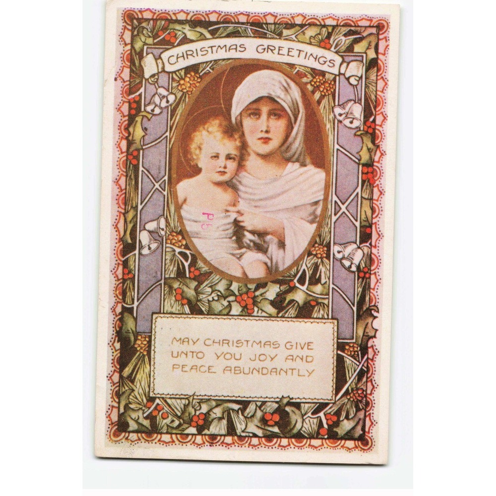 Vintage Christmas Postcard Madonna and Child Religious Holly Bells VG